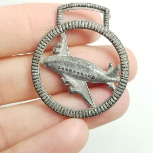Vintage Airplane Watch Fob, Silver Tone Metal, Antique Retro Design, Estate - Picture 1 of 7